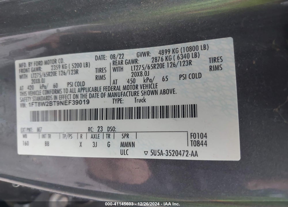 2022 FORD F-250 PLATINUM VIN: 1FT8W2BT9NEF39019