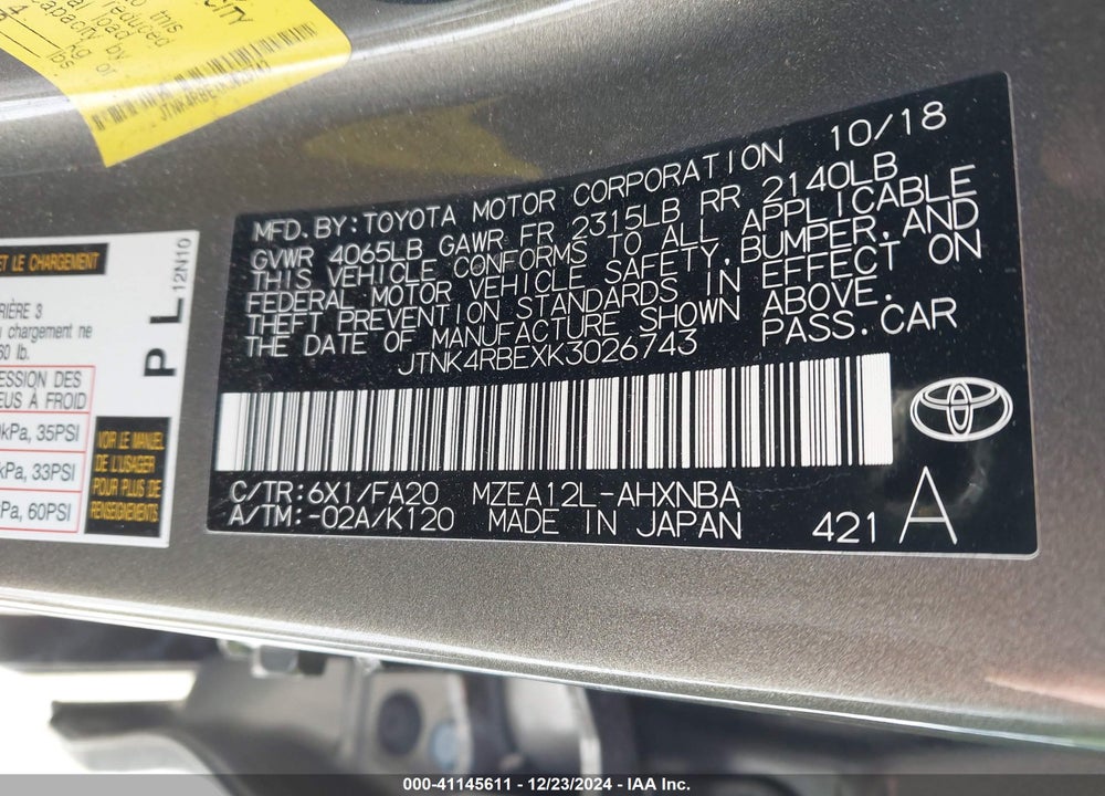 2019 TOYOTA COROLLA SE VIN: JTNK4RBEXK3026743