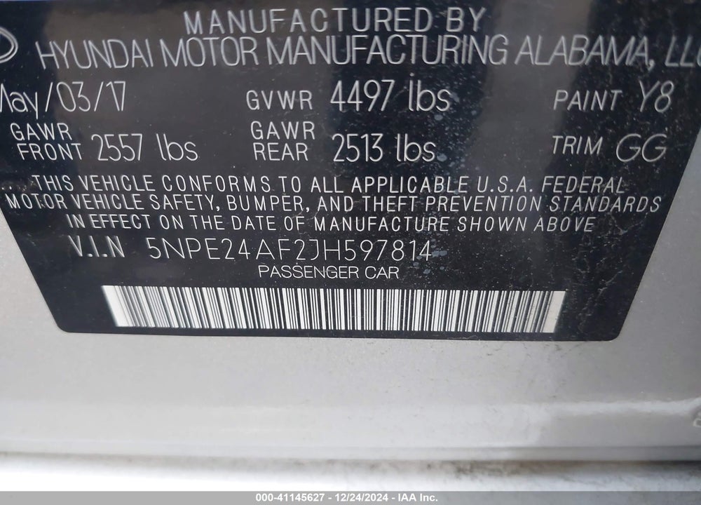2018 HYUNDAI SONATA SE VIN: 5NPE24AF2JH597814