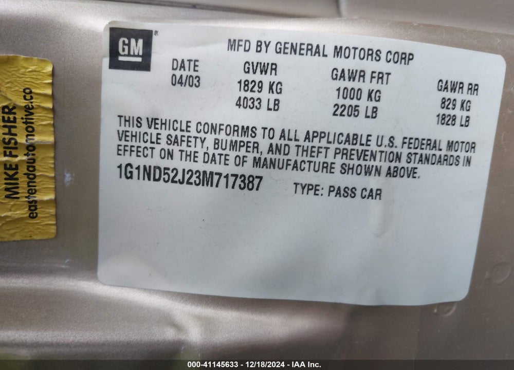 2003 CHEVROLET MALIBU VIN: 1G1ND52J23M717387