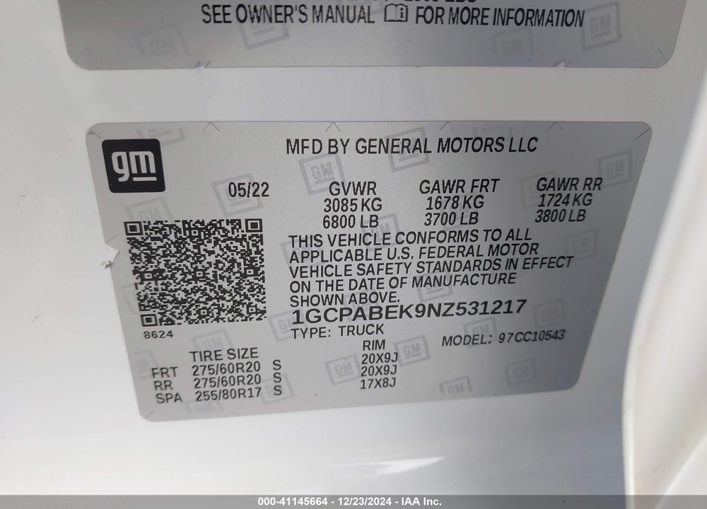 2022 CHEVROLET SILVERADO VIN: 1GCPABEK9NZ531217