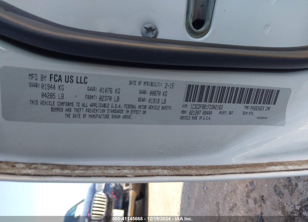 2015 DODGE DART SXT VIN: 1C3CDFBB1FD302163