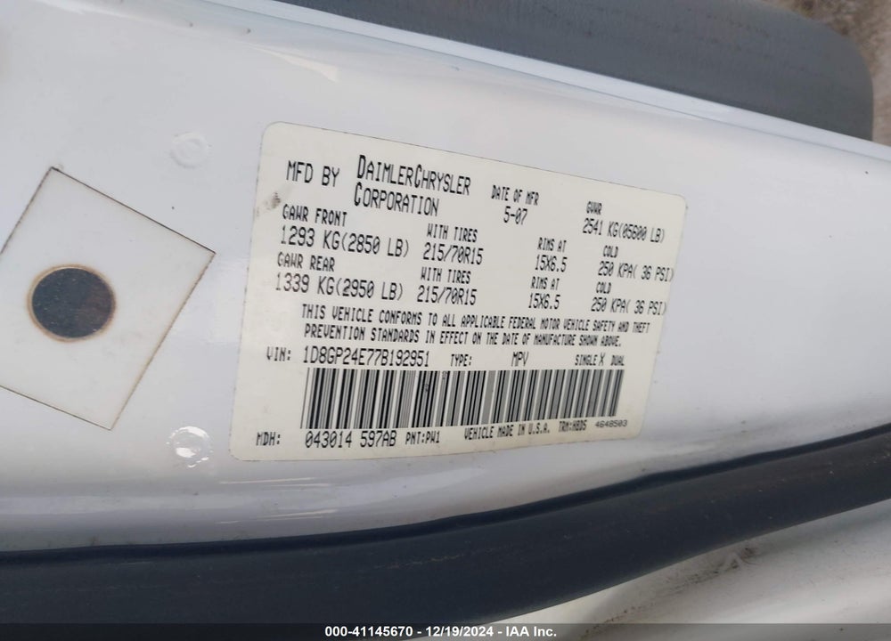 2007 DODGE GRAND CARAVAN SE VIN: 1D8GP24E77B192951