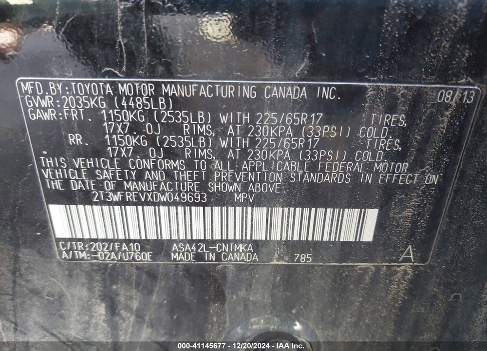 2013 TOYOTA RAV4 XLE VIN: 2T3WFREVXDW049693