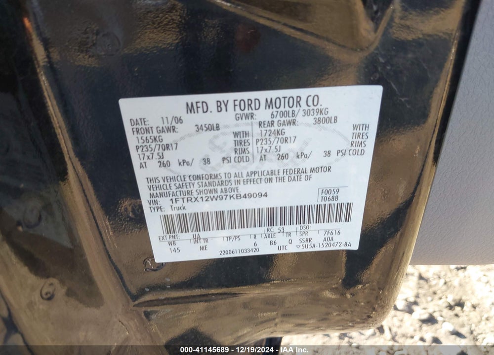2007 FORD F-150 STX/XL/XLT VIN: 1FTRX12W97KB49094