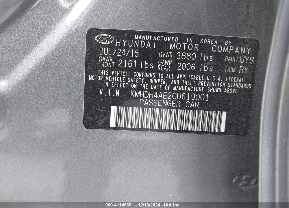 2016 HYUNDAI ELANTRA LIMITED VIN: KMHDH4AE2GU619001