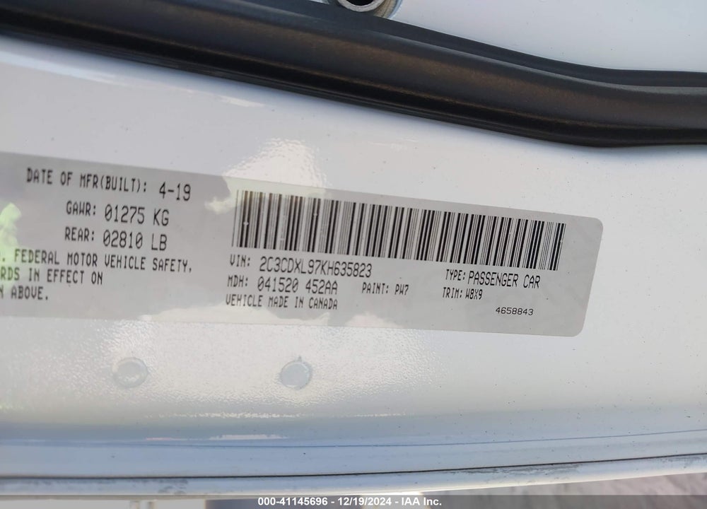2019 DODGE CHARGER SRT HELLCAT RWD VIN: 2C3CDXL97KH635823