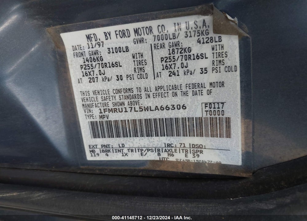 1998 FORD EXPEDITION EDDIE BAUER/XLT VIN: 1FMRU17L5WLA66306