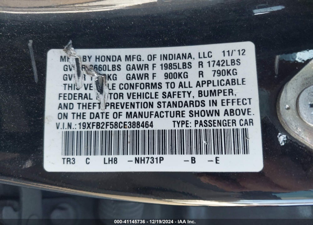 2012 HONDA CIVIC LX VIN: 19XFB2F58CE388464