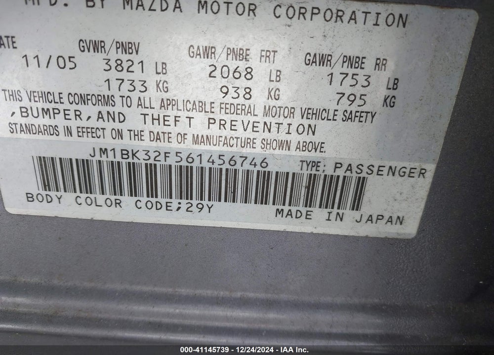 2006 MAZDA 3 I VIN: JM1BK32F561456746