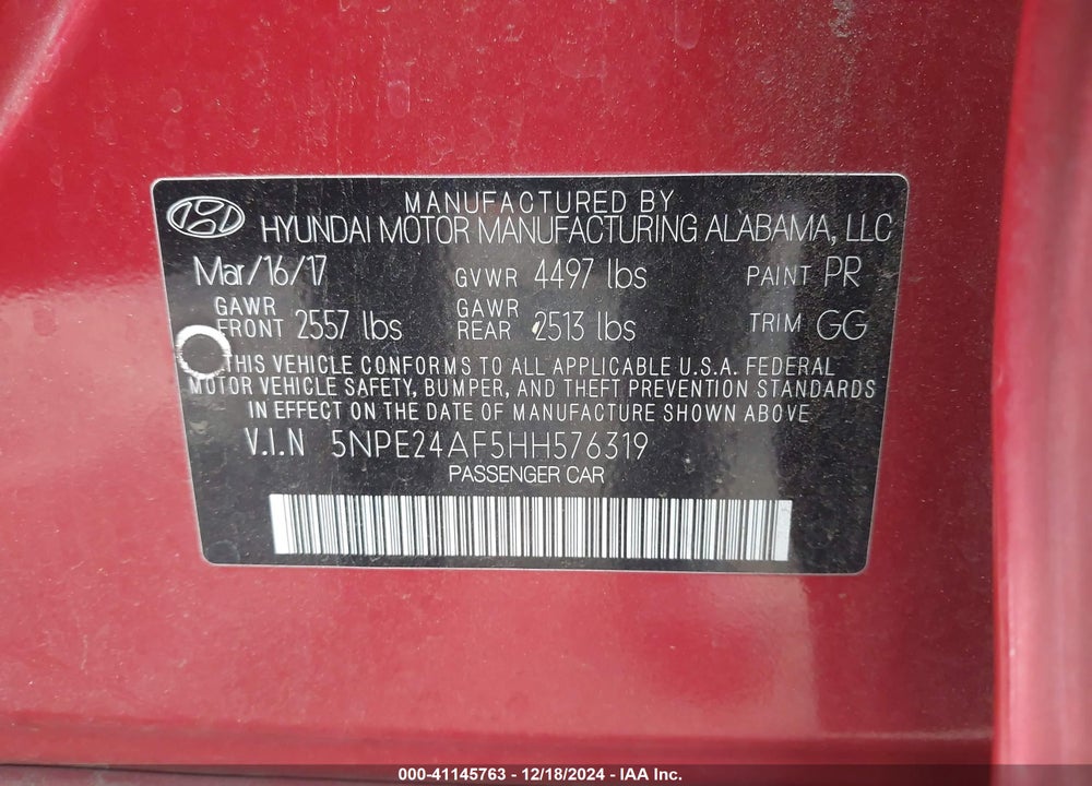 2017 HYUNDAI SONATA SE VIN: 5NPE24AF5HH576319