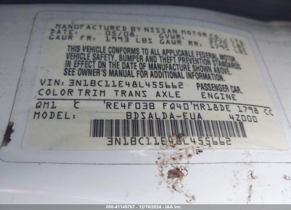 2008 NISSAN VERSA 1.8S VIN: 3N1BC11E48L455662