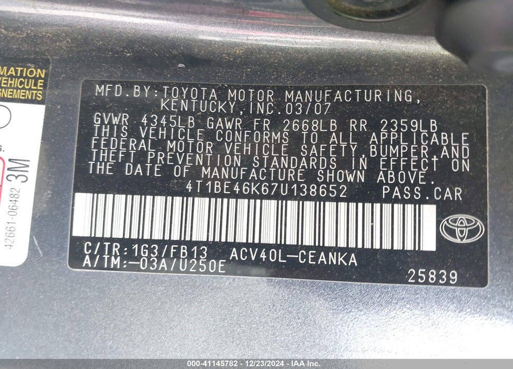 2007 TOYOTA CAMRY LE VIN: 4T1BE46K67U138652