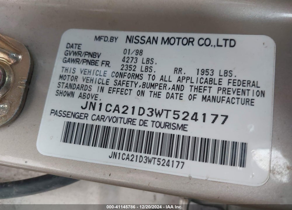 1998 NISSAN MAXIMA GLE/GXE/SE VIN: JN1CA21D3WT524177