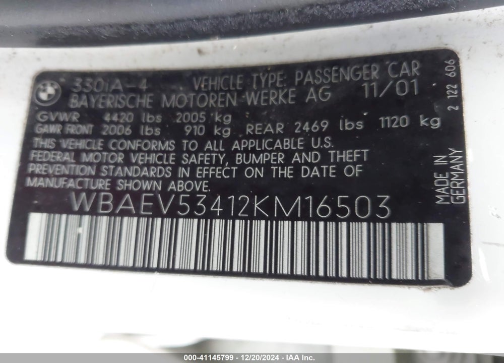 2002 BMW 330I VIN: WBAEV53412KM16503