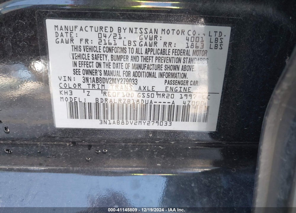 2021 NISSAN SENTRA SR XTRONIC CVT VIN: 3N1AB8DV2MY279033