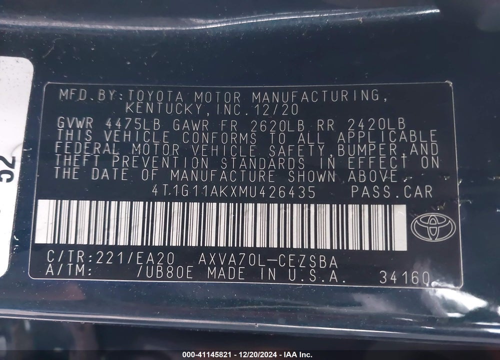 2021 TOYOTA CAMRY VIN: 4T1G11AKXMU426435