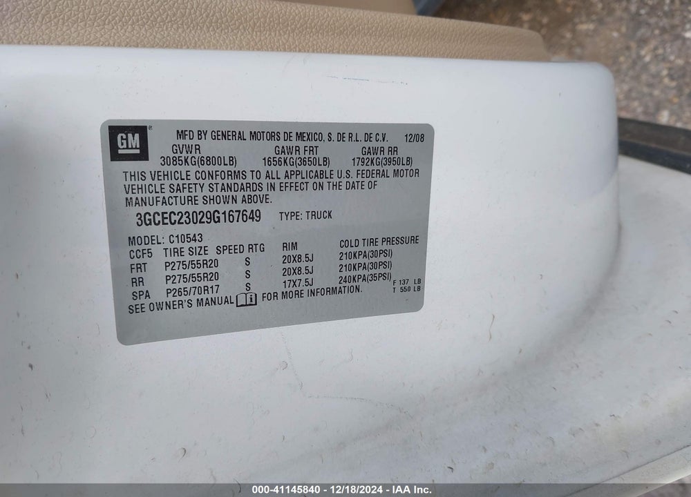 2009 CHEVROLET SILVERADO 1500 LT VIN: 3GCEC23029G167649