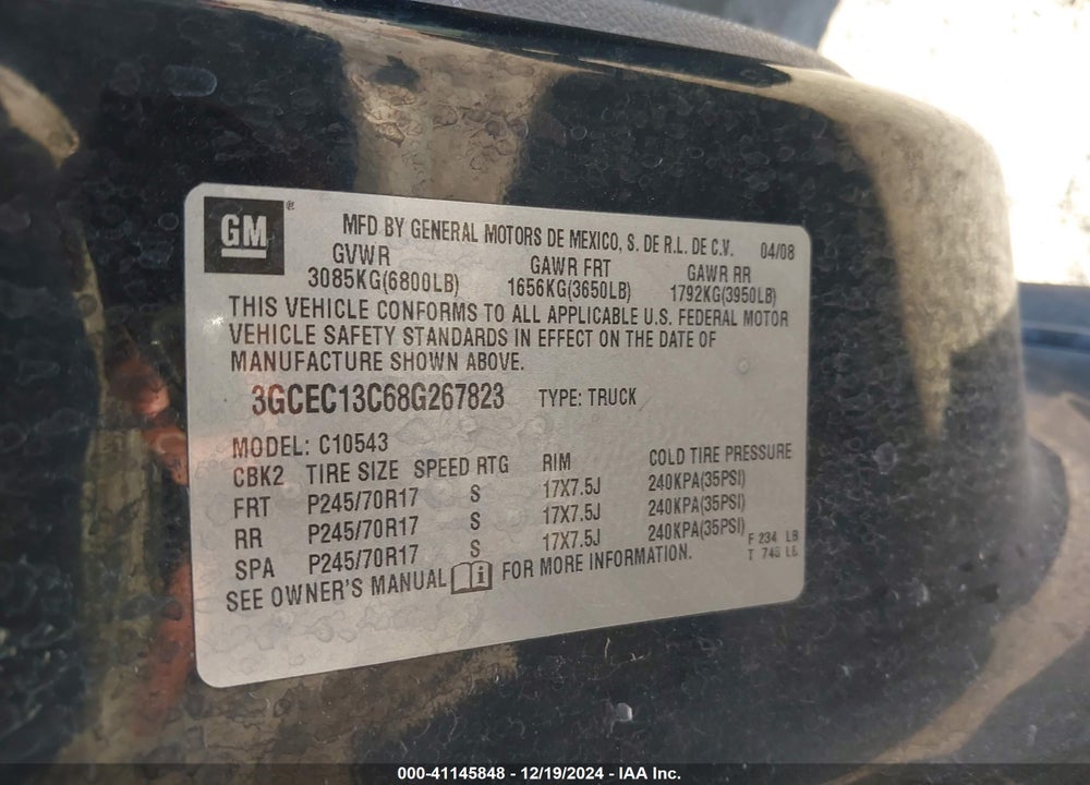 2008 CHEVROLET SILVERADO 1500 WORK TRUCK VIN: 3GCEC13C68G267823