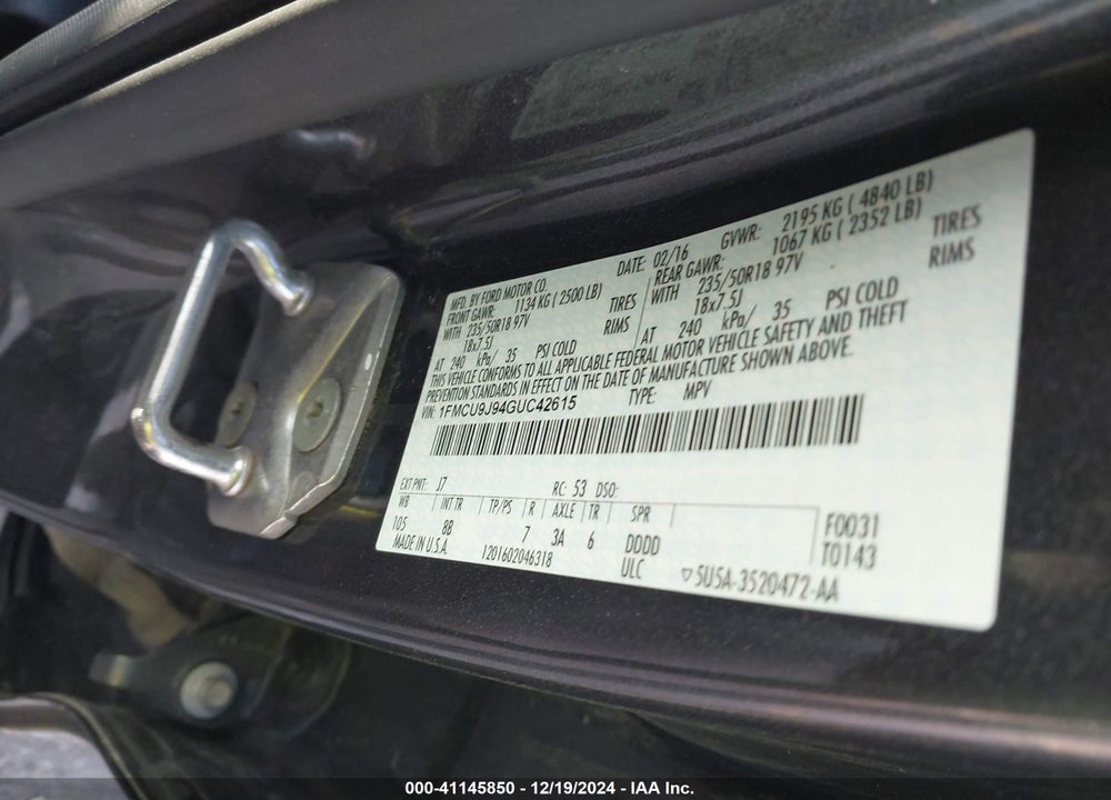 2016 FORD ESCAPE TITANIUM VIN: 1FMCU9J94GUC42615