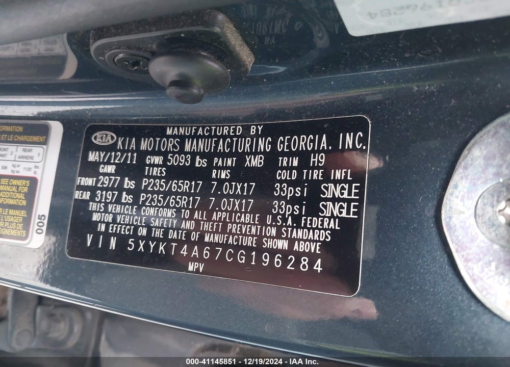 2012 KIA SORENTO LX VIN: 5XYKT4A67CG196284