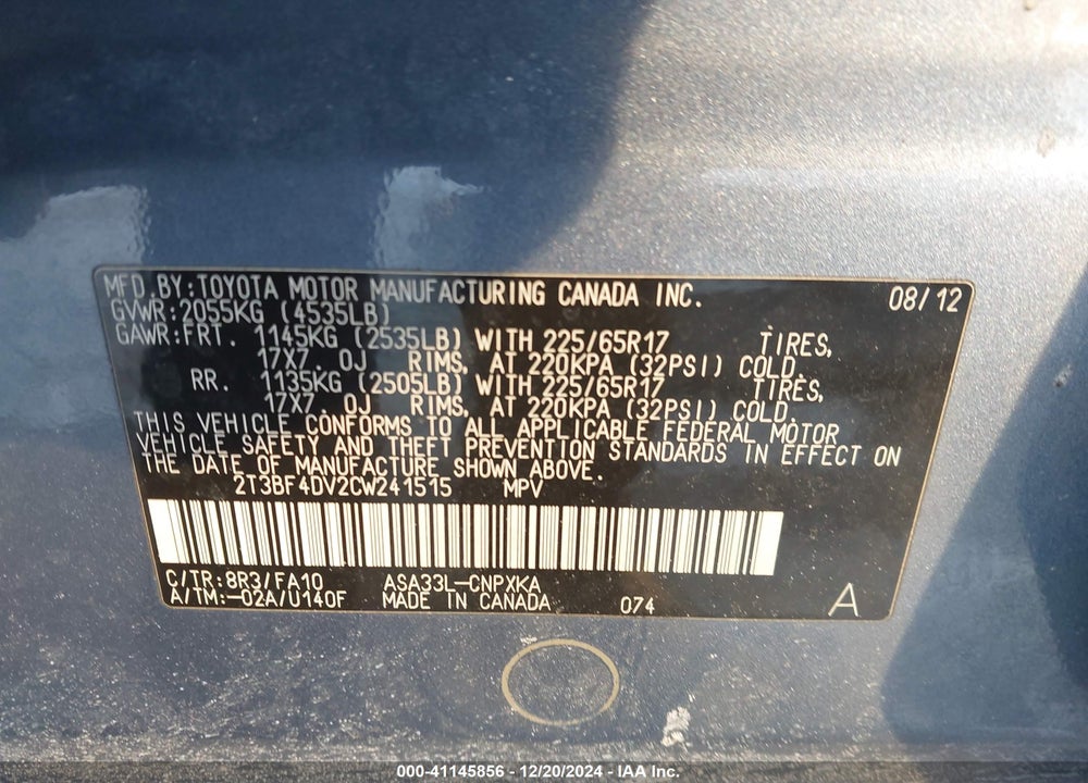 2012 TOYOTA RAV4 VIN: 2T3BF4DV2CW241515