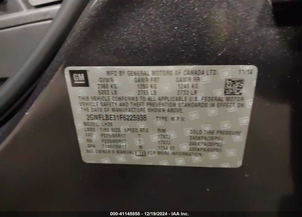 2015 CHEVROLET EQUINOX VIN: 2GNFLBE31F6225938