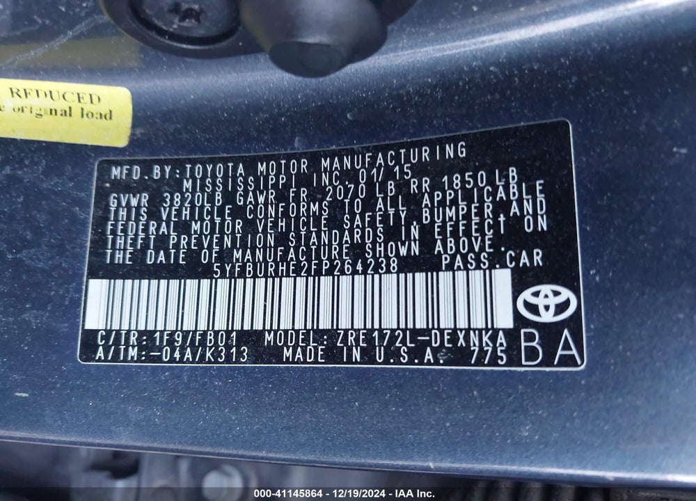 2015 TOYOTA COROLLA LE VIN: 5YFBURHE2FP264238