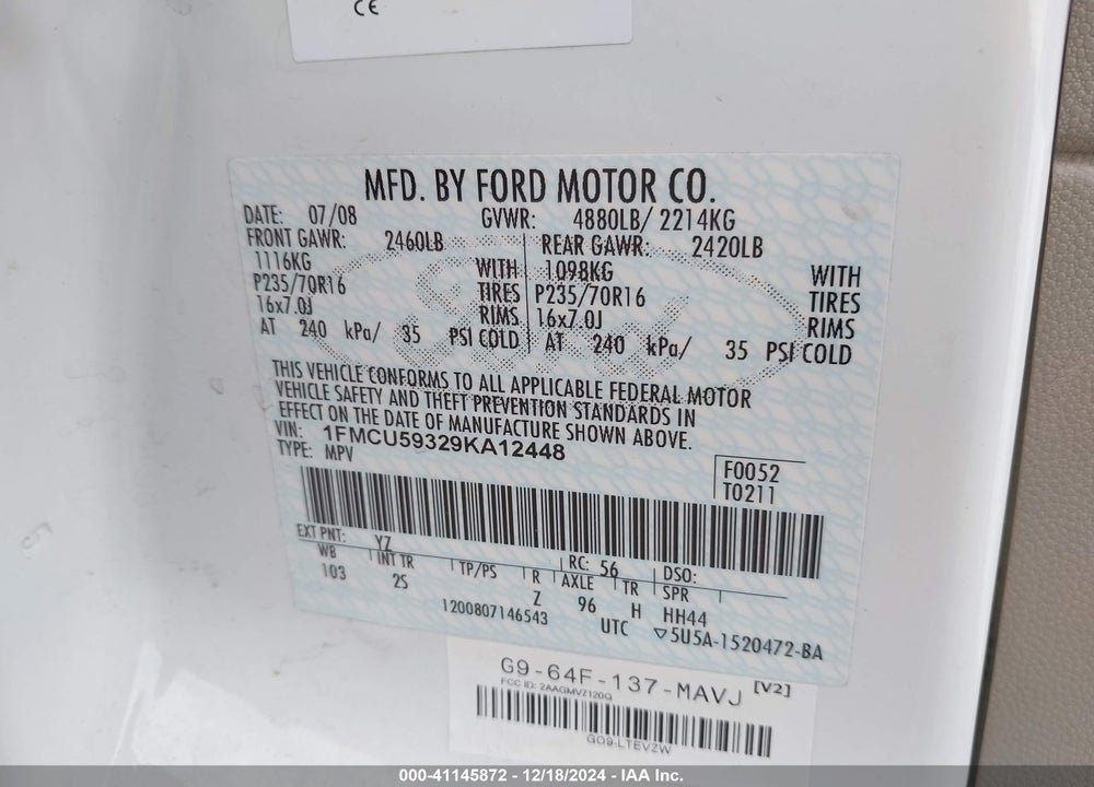 2009 FORD ESCAPE HYBRID LIMITED VIN: 1FMCU59329KA12448