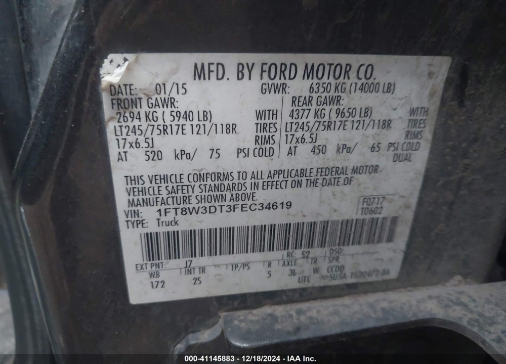2015 FORD F-350 XLT VIN: 1FT8W3DT3FEC34619