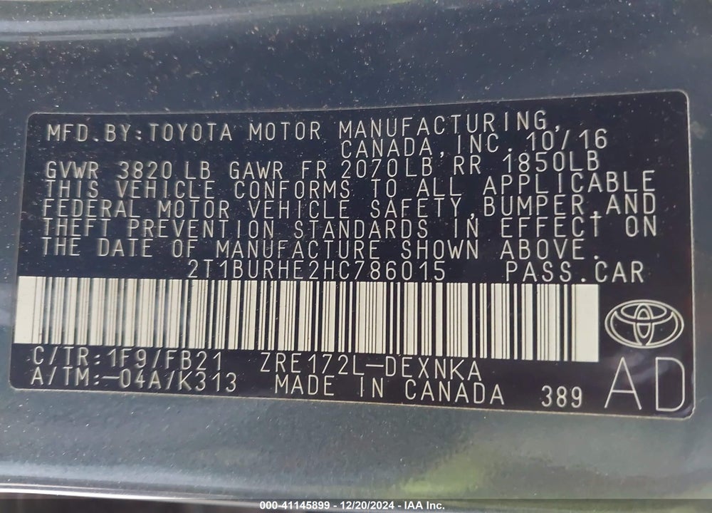 2017 TOYOTA COROLLA LE VIN: 2T1BURHE2HC786015