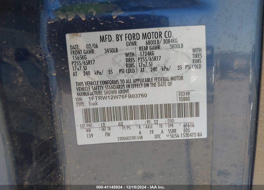 2006 FORD F-150 VIN: 1FTRW12W76FB03760