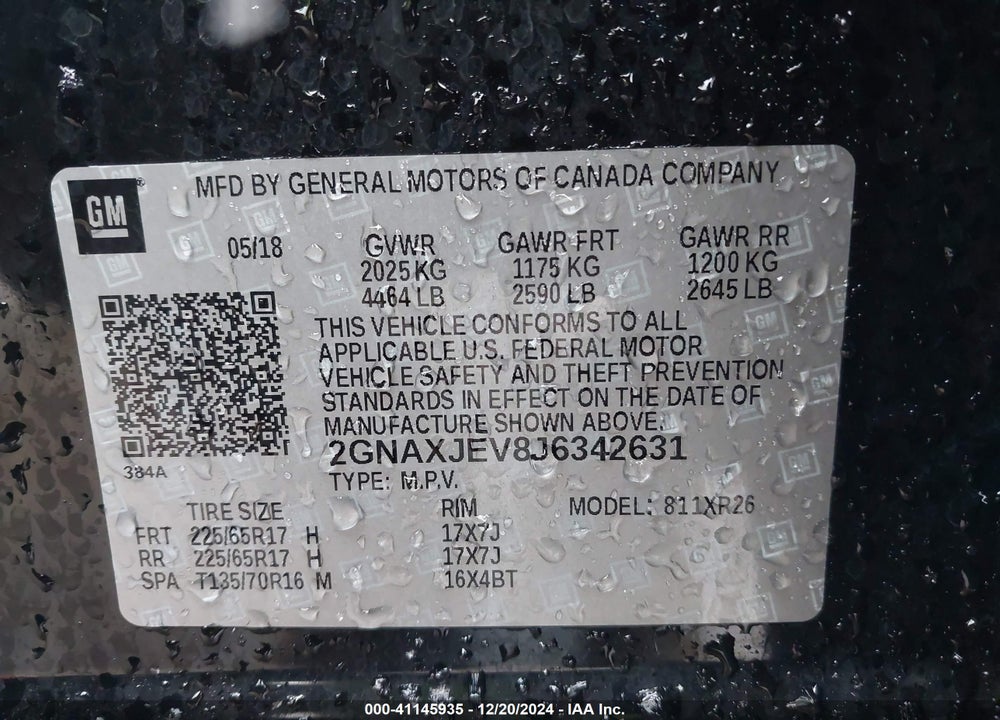 2018 CHEVROLET EQUINOX LT VIN: 2GNAXJEV8J6342631