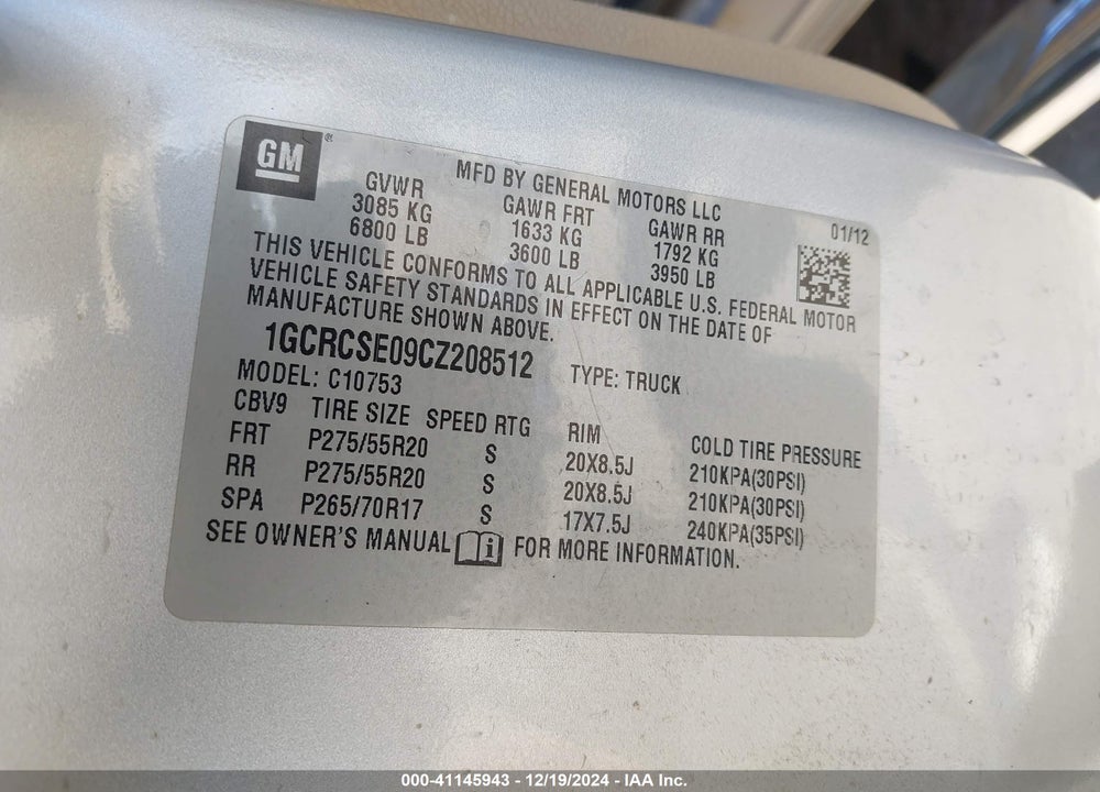 2012 CHEVROLET SILVERADO VIN: 1GCRCSE09CZ208512