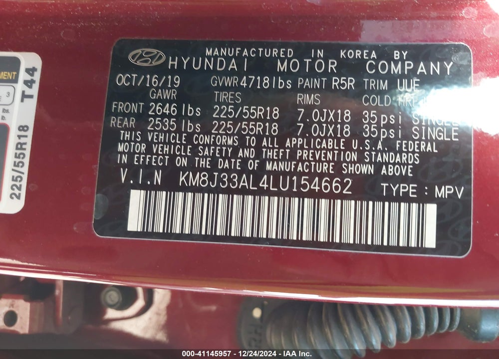 2020 HYUNDAI TUCSON SEL VIN: KM8J33AL4LU154662
