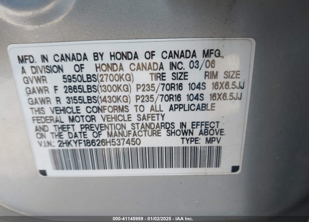 2006 HONDA PILOT EX-L VIN: 2HKYF18626H537450