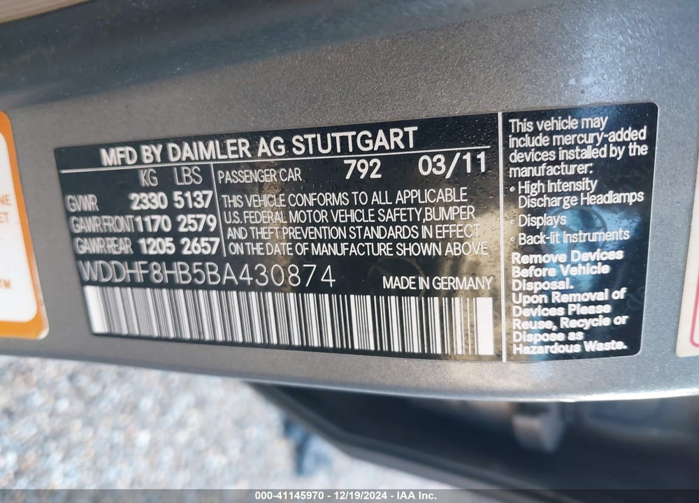 2011 MERCEDES-BENZ E 350 4MATIC VIN: WDDHF8HB5BA430874