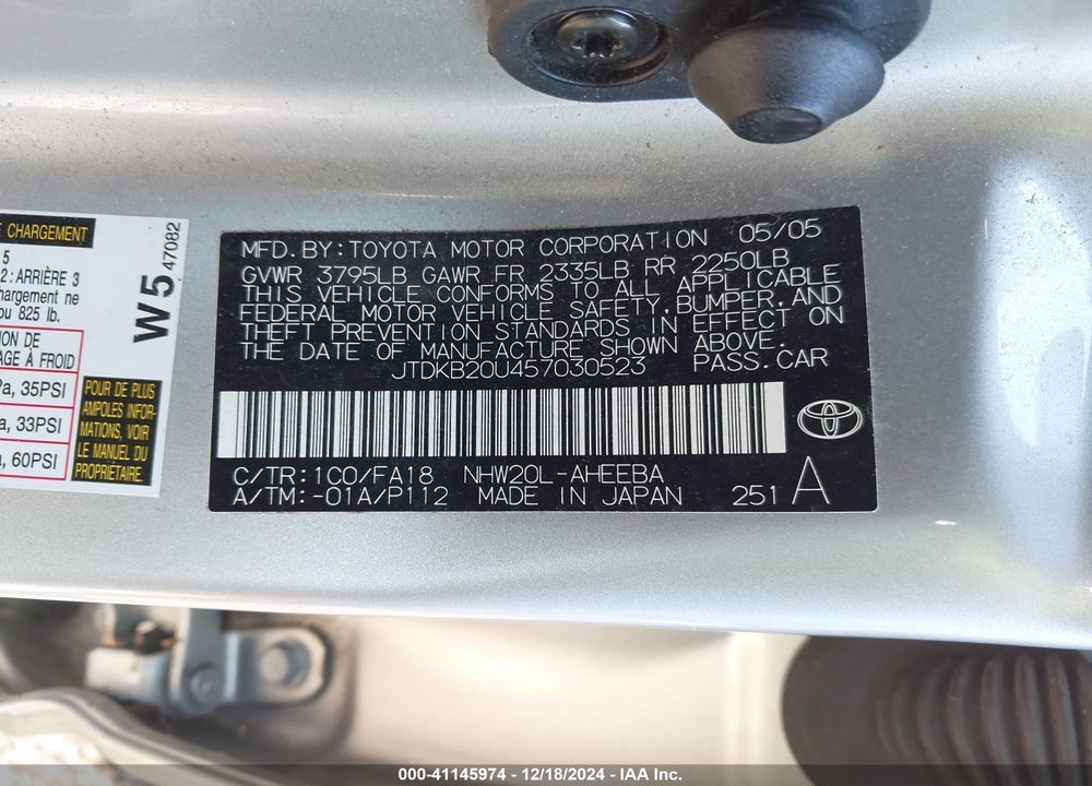 2005 TOYOTA PRIUS VIN: JTDKB20U457030523