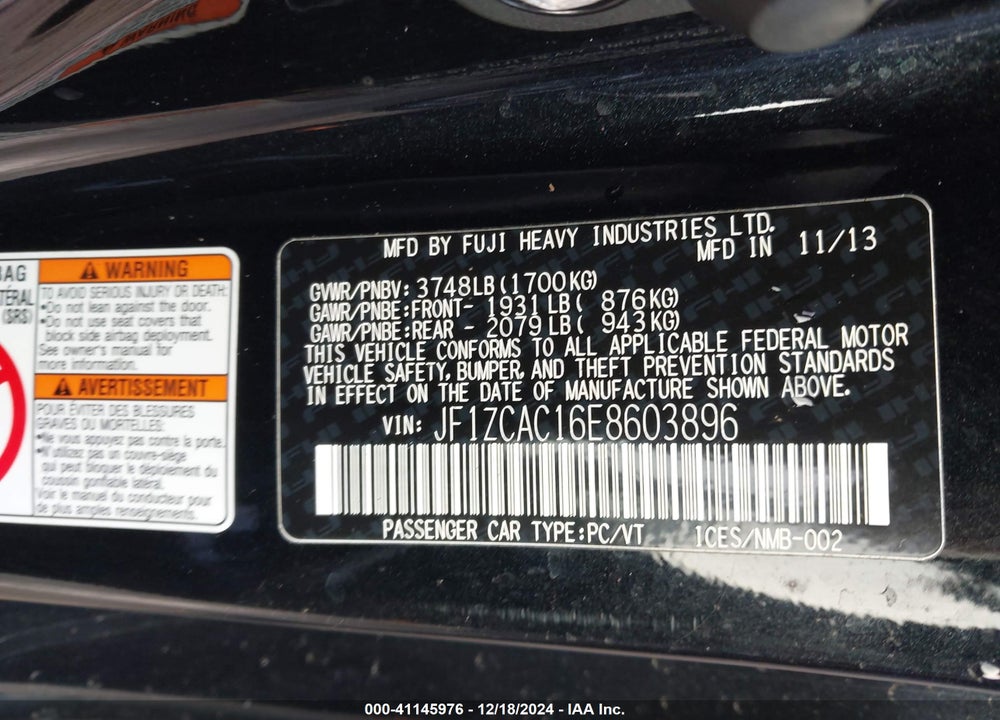 2014 SUBARU BRZ LIMITED VIN: JF1ZCAC16E8603896
