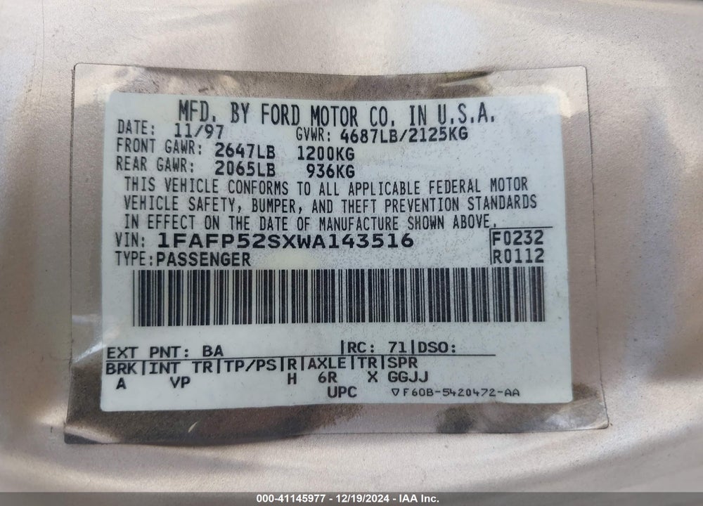 1998 FORD TAURUS LX/SE VIN: 1FAFP52SXWA143516