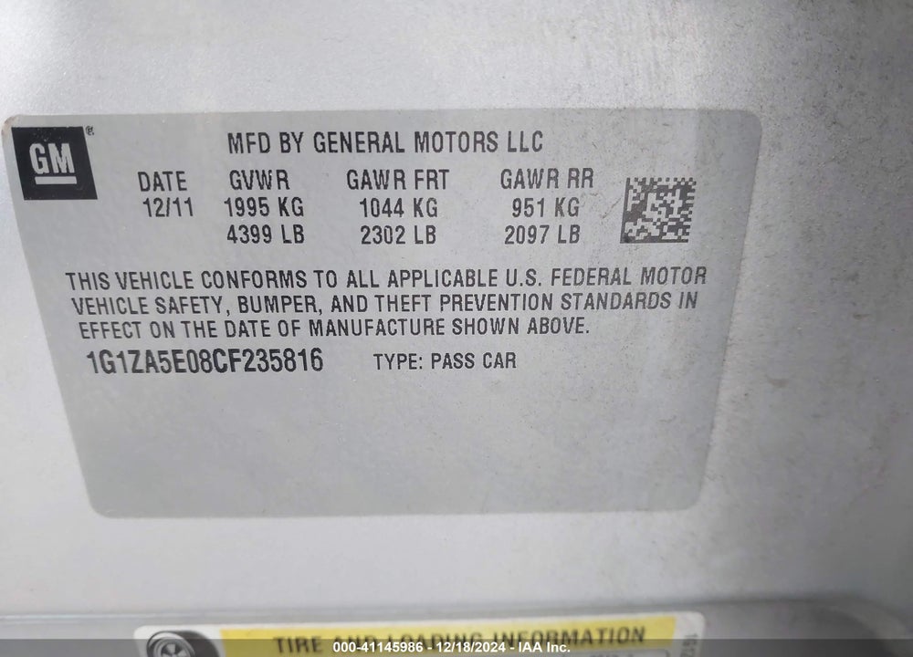 2012 CHEVROLET MALIBU LS VIN: 1G1ZA5E08CF235816