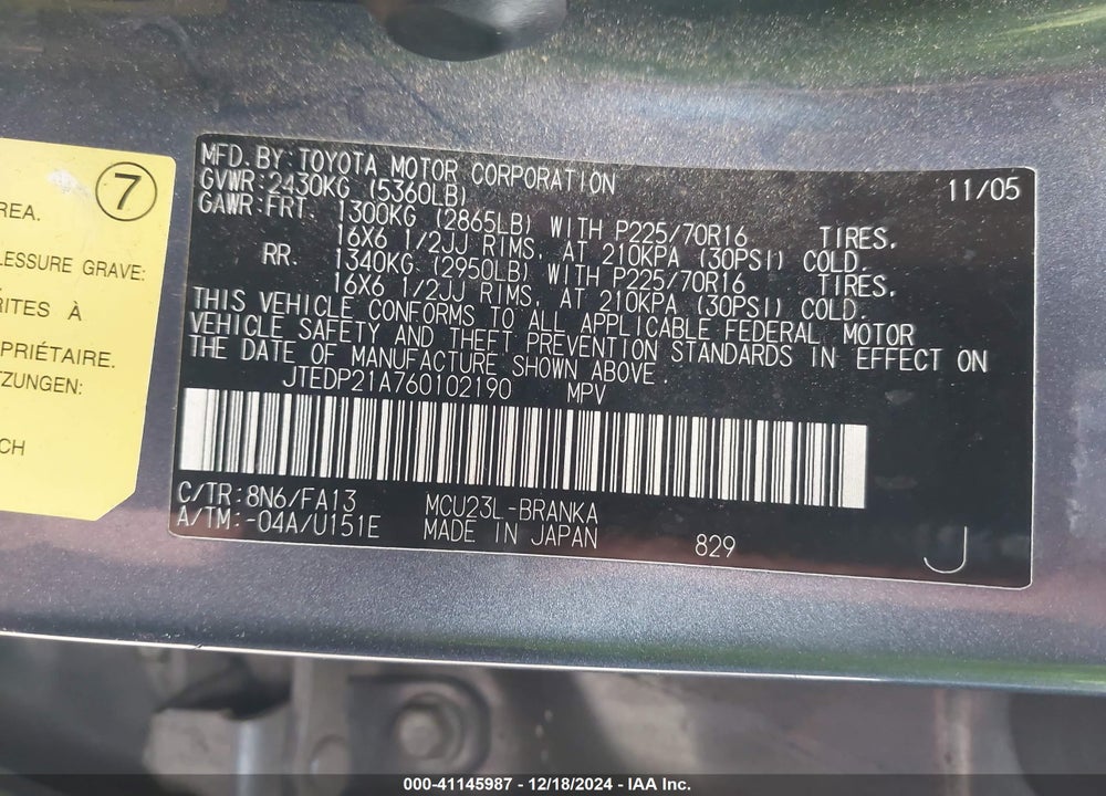 2006 TOYOTA HIGHLANDER V6 VIN: JTEDP21A760102190