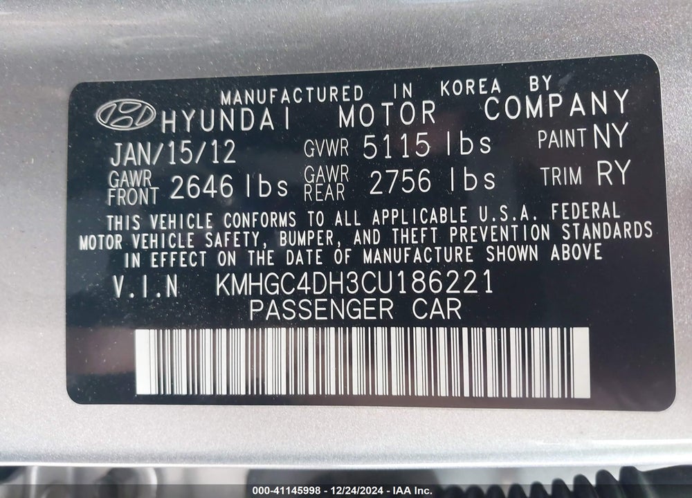 2012 HYUNDAI GENESIS 5.0 VIN: KMHGC4DH3CU186221