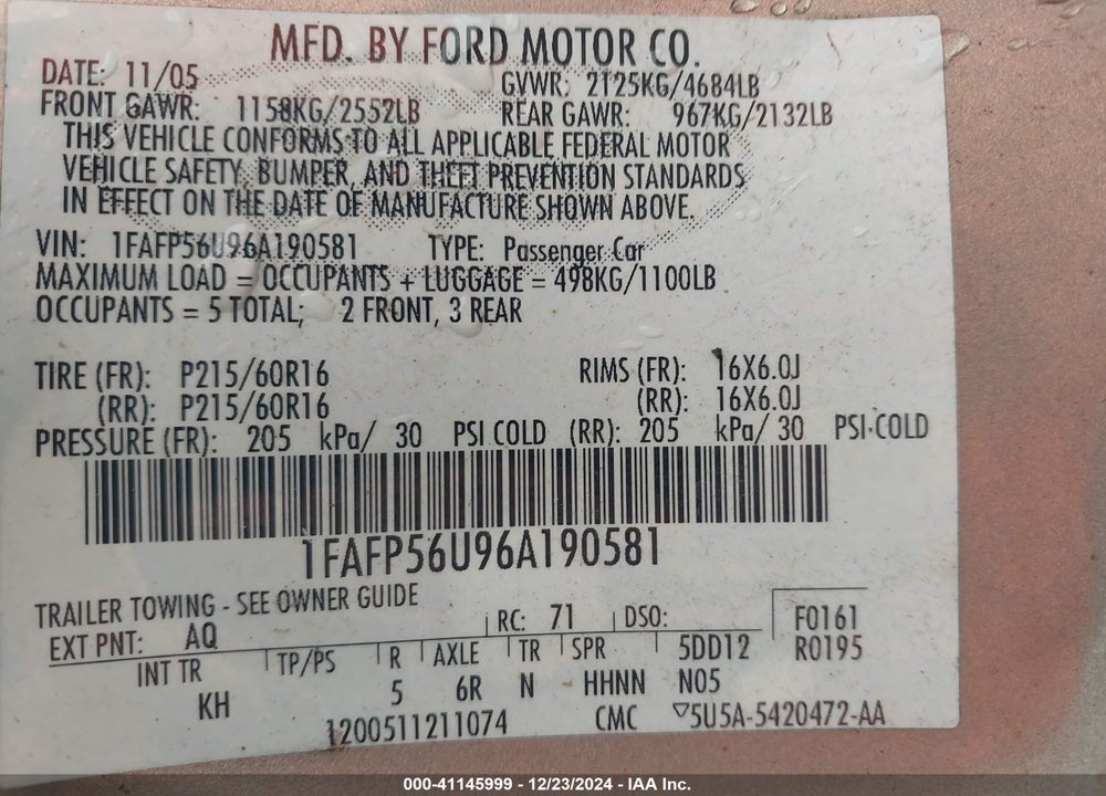 2006 FORD TAURUS SEL VIN: 1FAFP56U96A190581