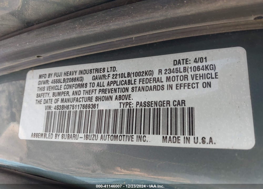 2001 SUBARU OUTBACK VIN: 4S3BH675117669361