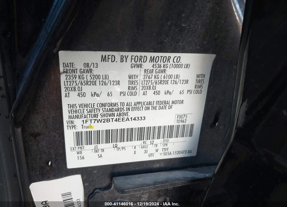 2014 FORD F-250 LARIAT VIN: 1FT7W2BT4EEA14333