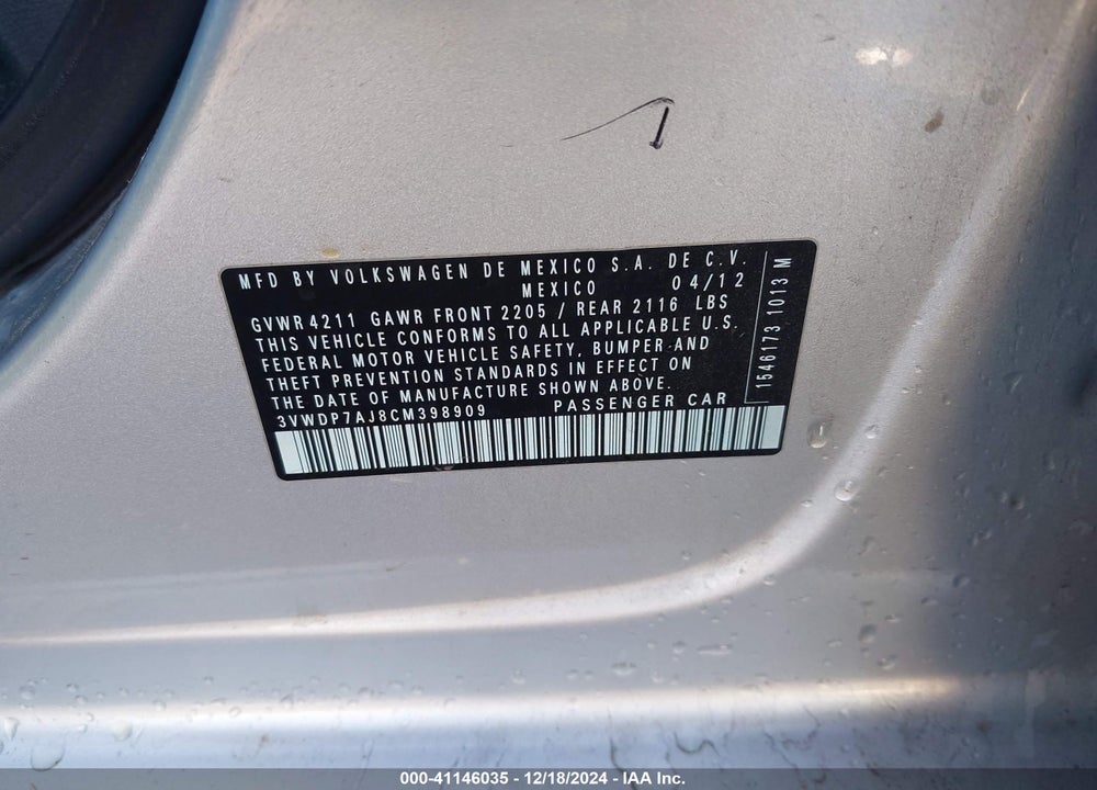 2012 VOLKSWAGEN JETTA 2.5L SE VIN: 3VWDP7AJ8CM398909