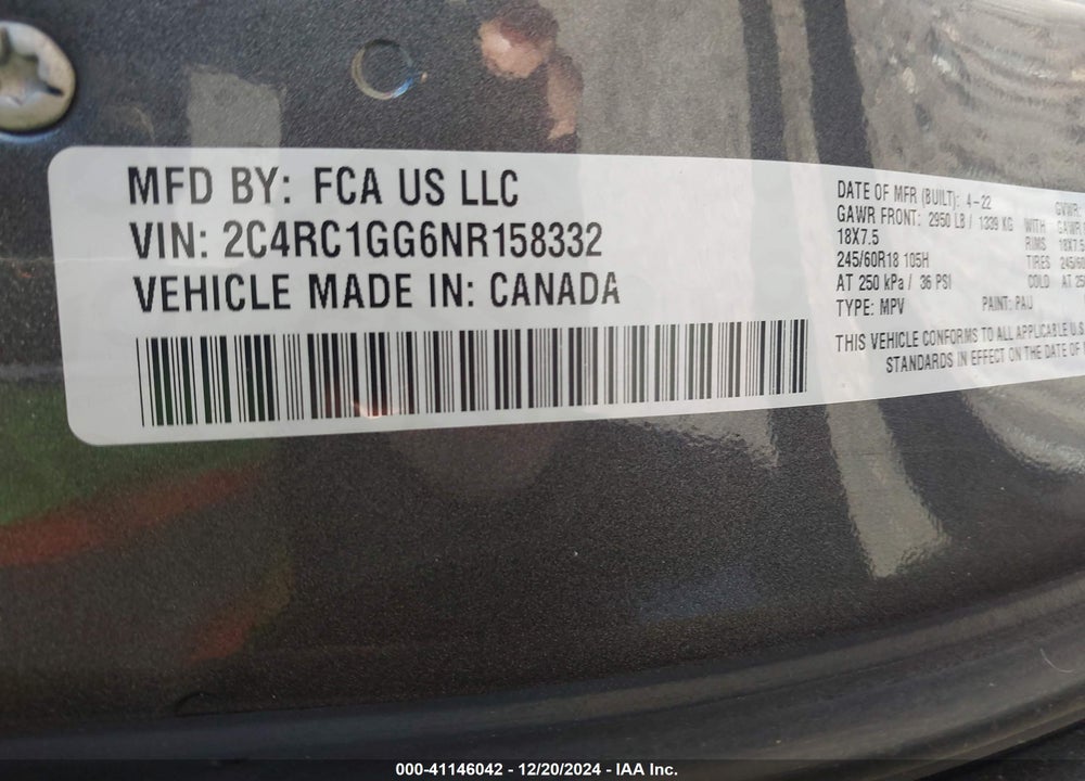 2022 CHRYSLER PACIFICA LIMITED VIN: 2C4RC1GG6NR158332