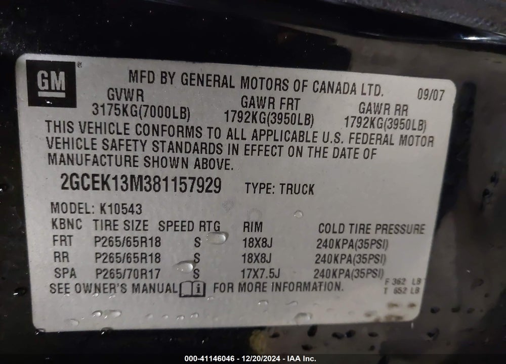 2008 CHEVROLET SILVERADO 1500 LT1 VIN: 2GCEK13M381157929