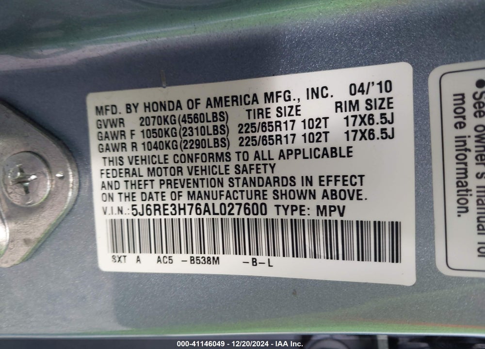 2010 HONDA CR-V EX-L VIN: 5J6RE3H76AL027600